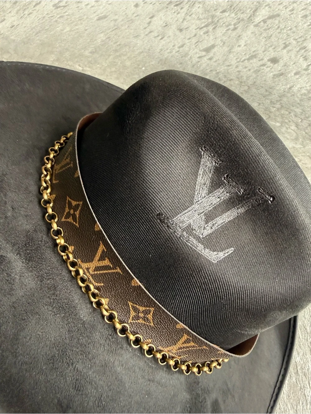Louis Vuitton Black Western Hat with Gold Chain